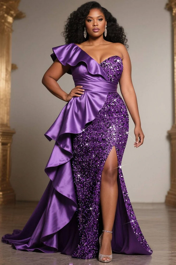 Xpluswear Design Plus Size Formal Sequin Purple Oblique Collar Split Elegant Ruffle Satin Maxi Dresses [Pre-Order]