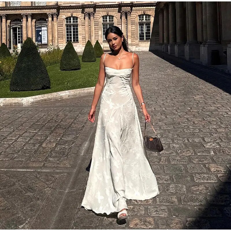 Elegant Floral Print Spaghetti Strap Maxi Dress-Vestes Novas