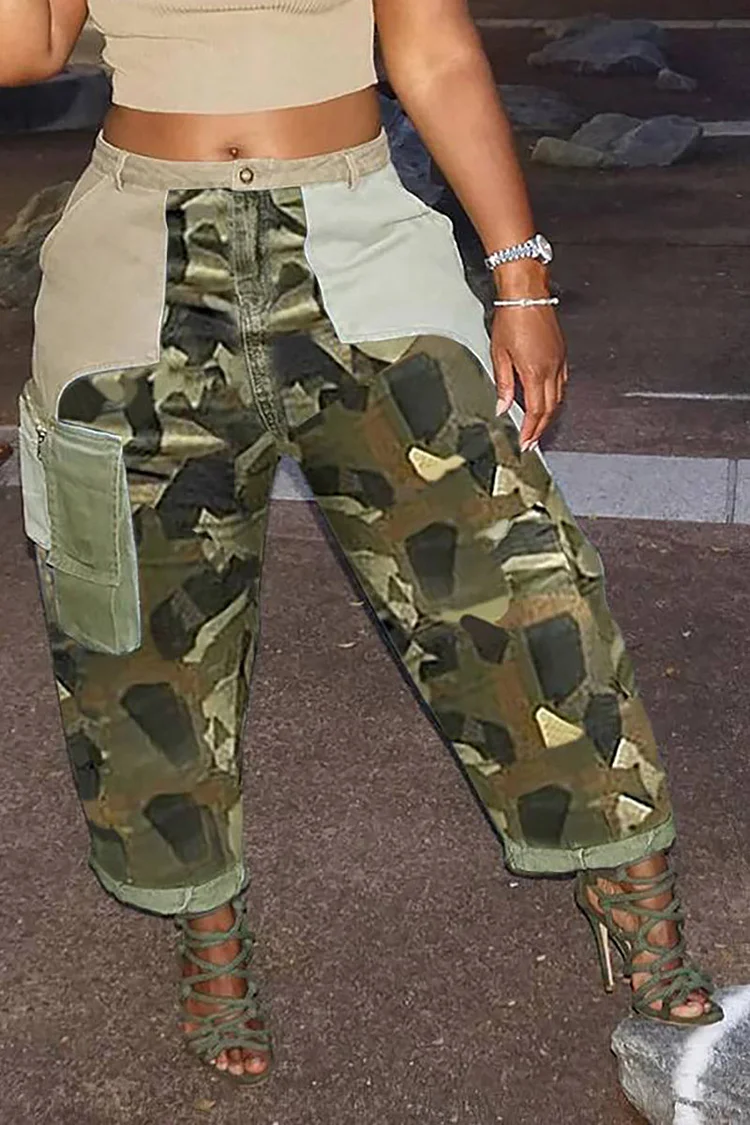 Xpluswear Plus Size Cargo Jeans Army Green Daily Patchwork Camouflage 