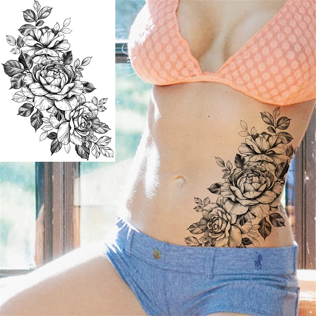 Flower Skull Temporary Tattoos For Women Men Adults Evil Skeleton Tattoo Sticker Fake Lavender Big Rose Black Tatoos Body Thigh