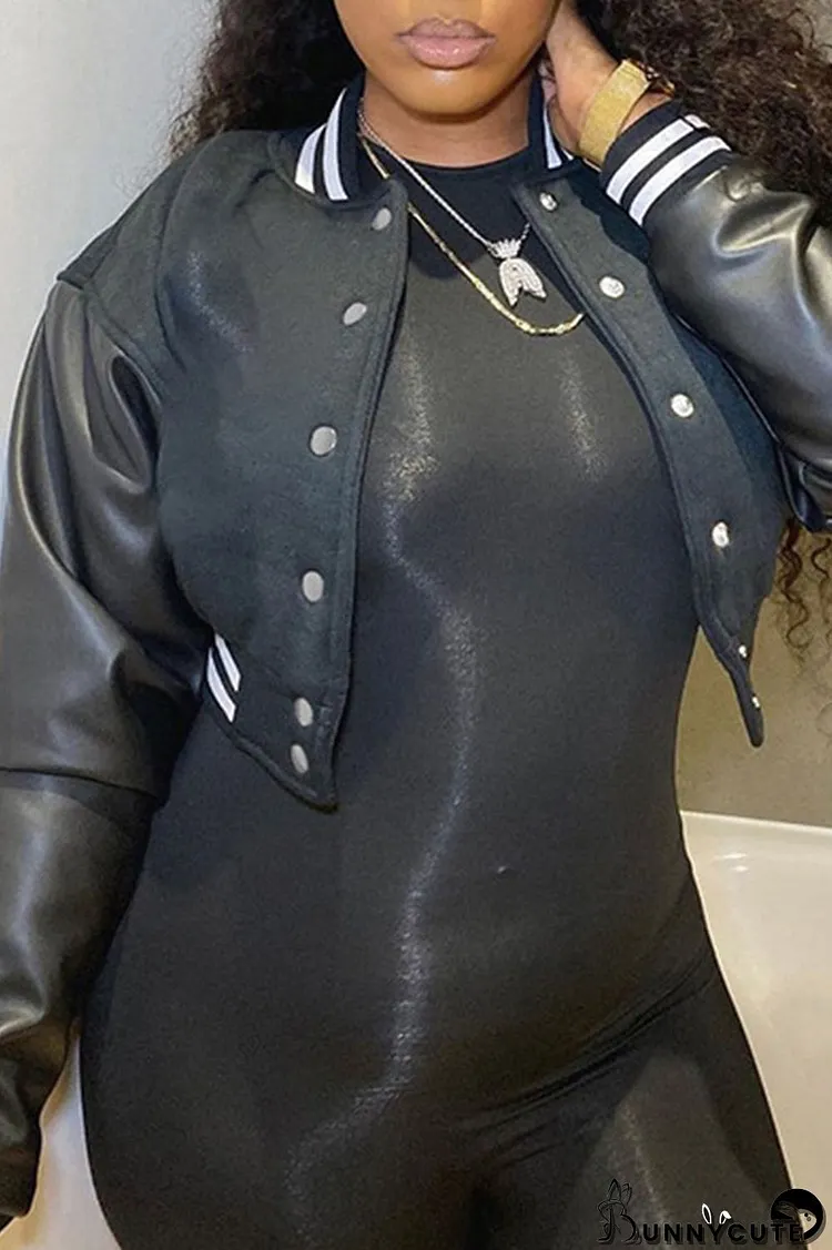 Black Casual Solid Patchwork Buckle Outerwear