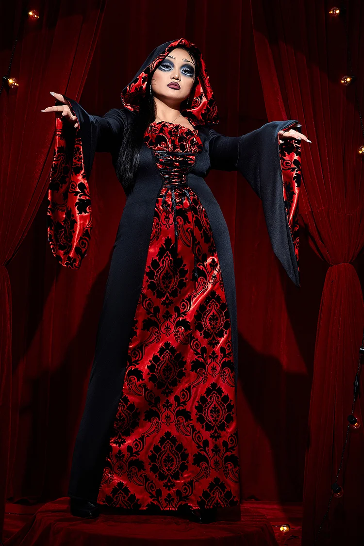 Xpluswear Design Plus Size Halloween Costume Red Trumpet Sleeve Knitted Maxi Dress（Ships 24h）