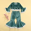 Baby Kid Girls Lace Long Sleeve Flare Velvet Valentine 2 Pcs Sets