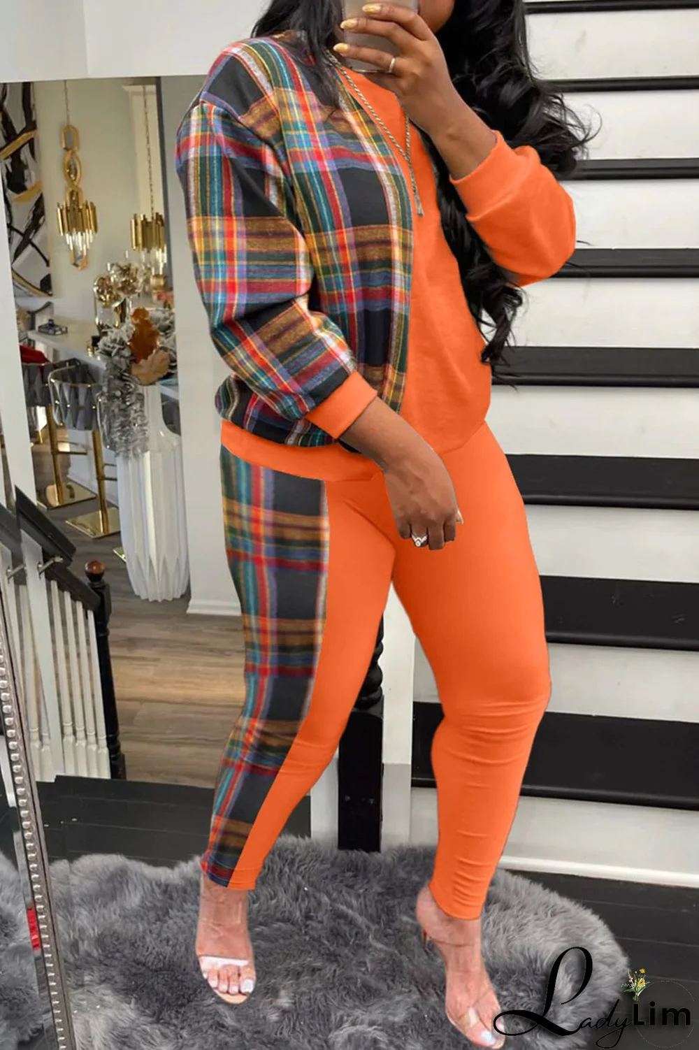 Grey Casual Plaid Print Patchwork O Neck Long Sleeve Two Pieces