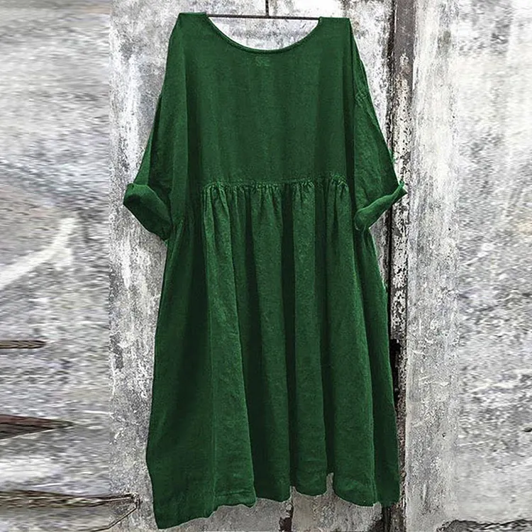 Casual Pleat Round Neck Midi Dress