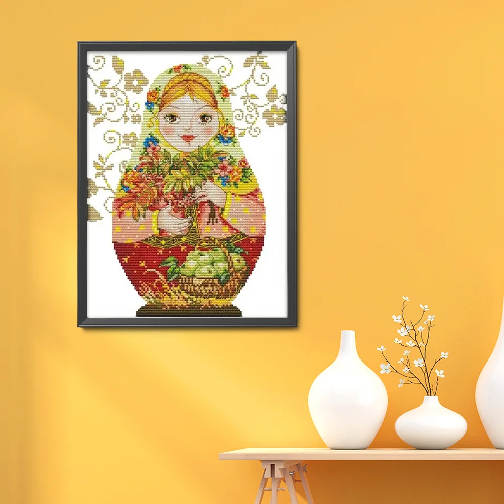 Russian Matryoshka Doll(5) Partial 14CT Pre-stamped Canvas(28*37cm) Cross Stitch(backstitch)