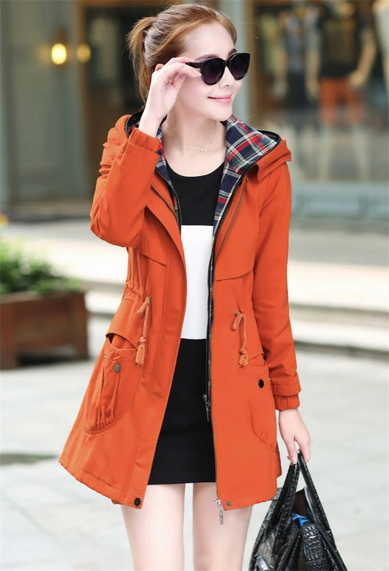 Medium Long Plus Size Trench Coat Women New 2020 Spring Autumn Hooded Zipper Loose Female Windbreaker Fake Two Pieces Outerwear