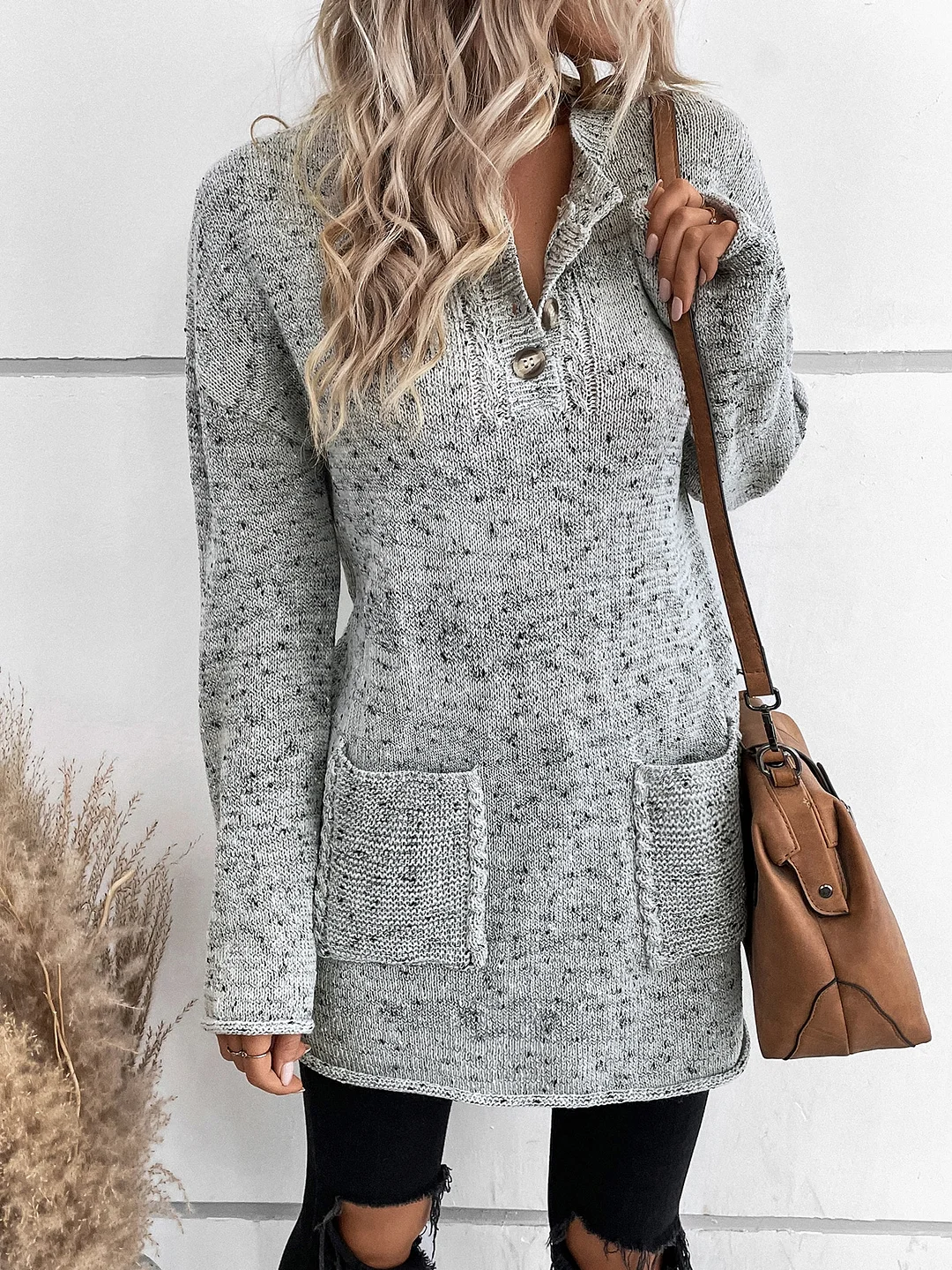 Marled Knit Drop Shoulder Pocket Patched Sweater