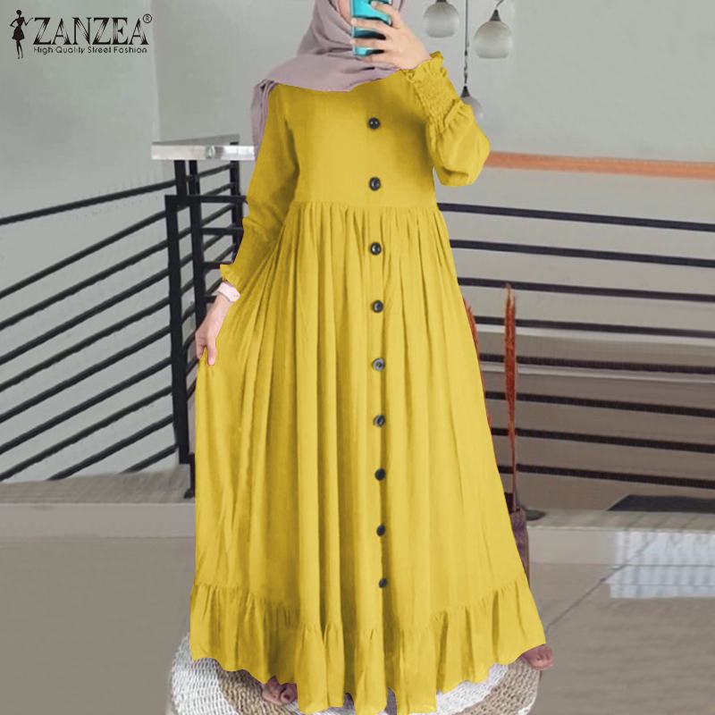 Toloer  Casual Solid Puff Sleeve Ladies Kaftan Sundress ZANZEA Vintage Chiffon Dress Women 2022 Spring Ruffle Maxi Vestidos