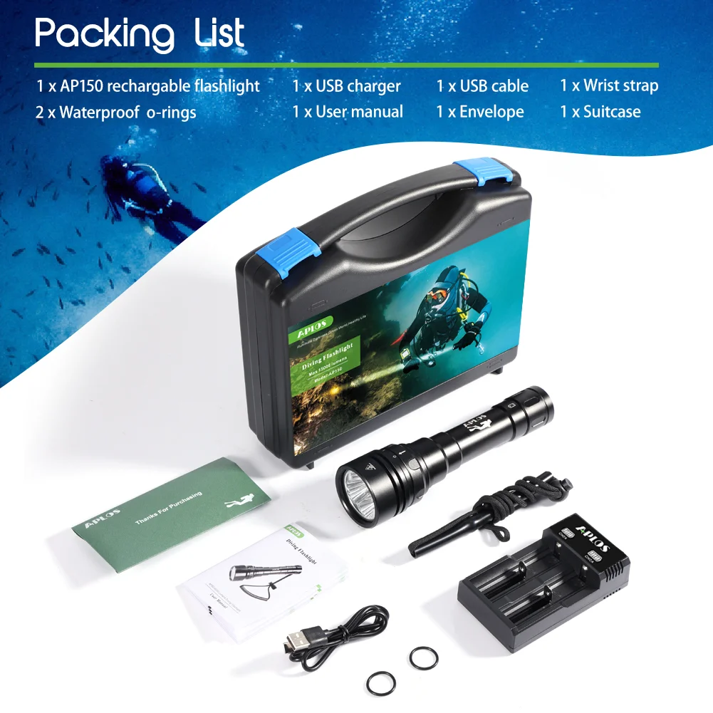 APLOS AP150 15000 Lumen Dive Torch, Underwater 150m, Scuba Diving Torch with 2x26650 Batteries