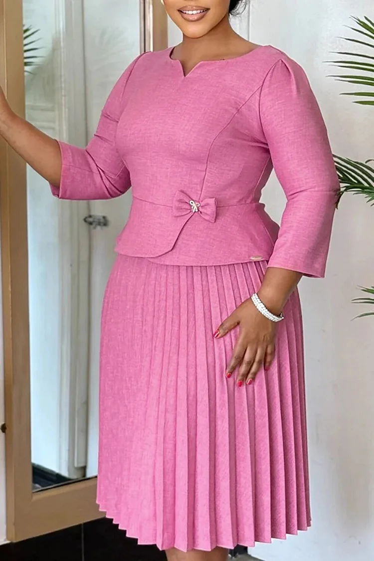 Plus Size Business Casual Pink Round Neck 3/4 Sleeve Pleated Elegant Two Piece Skirt Sets [Pre-Order] 2024 - Xpluswear