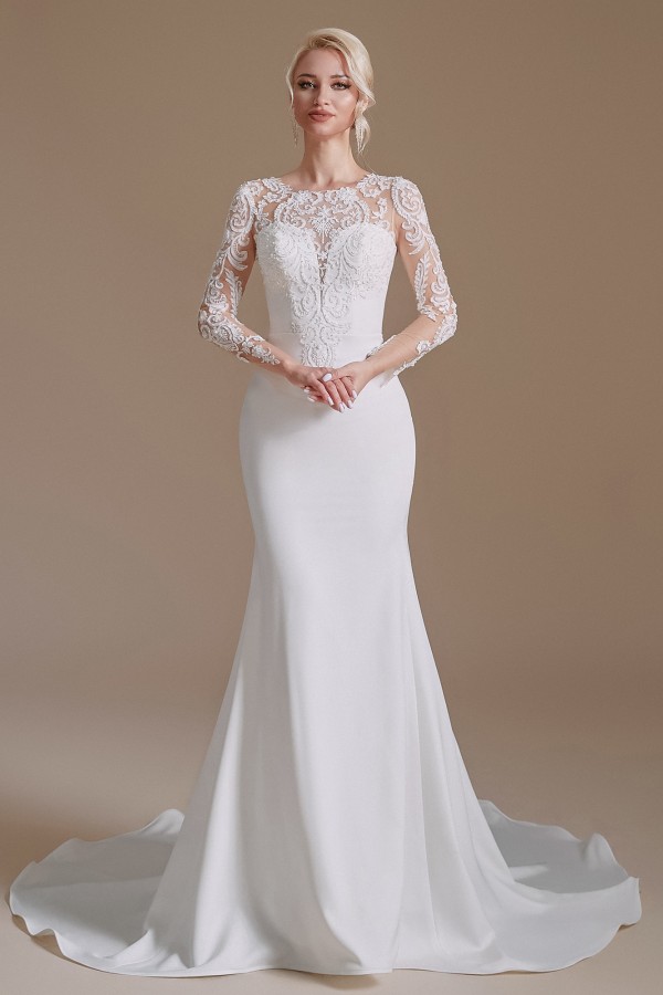 Ovlias Jewel Satin Lace Long Mermaid Wedding Dress with Sleeves WD0012