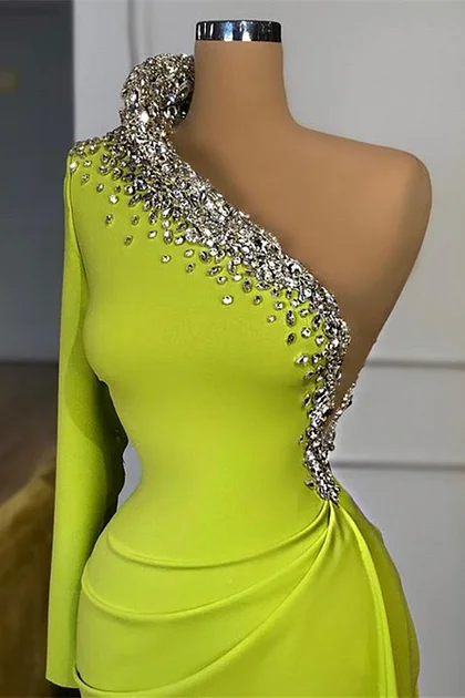 Oknass One Shoulder Mermaid Green Pleated Beadings Prom Dress With Long Sleeve