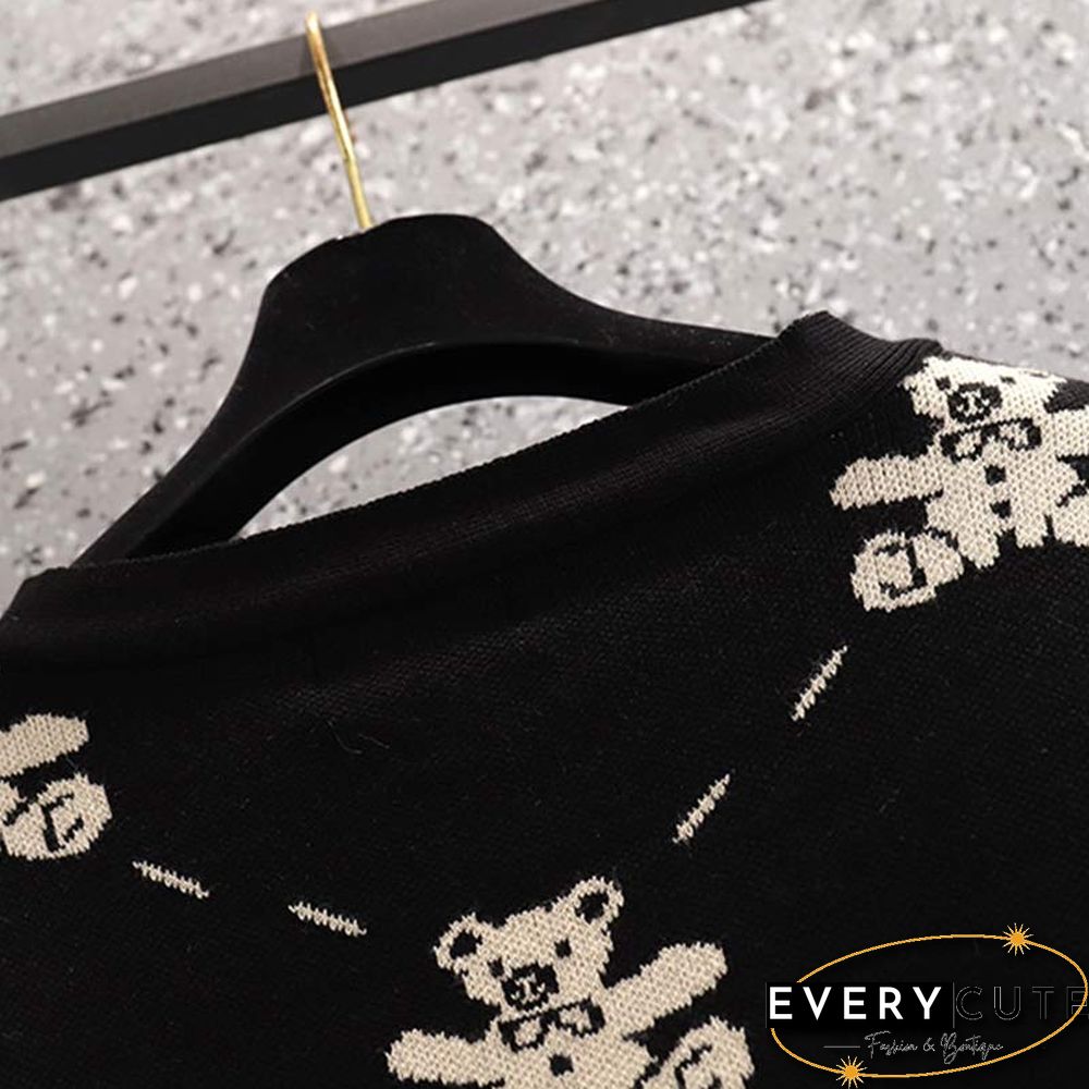 Plus Size Bear Print Cardigan Sweater Pants Two Pieces Set