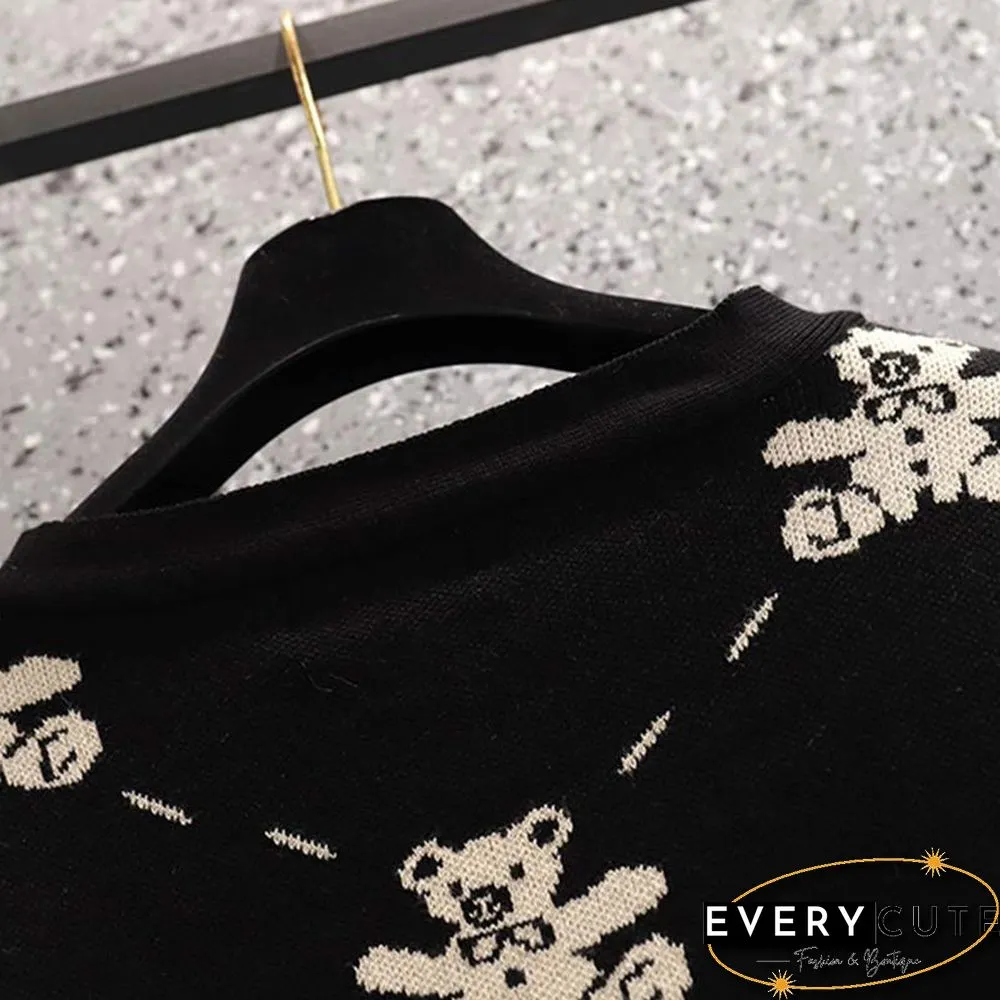 Plus Size Bear Print Cardigan Sweater Pants Two Pieces Set