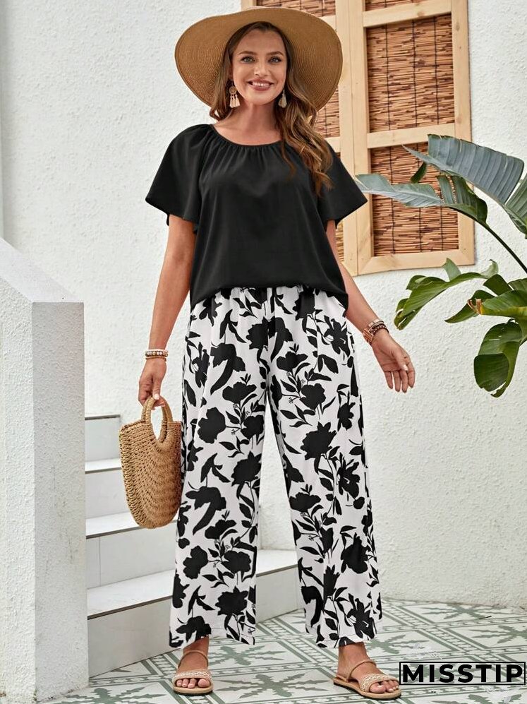 Plus Size Round Neck Pleated Solid Color Summer Top And Printed Pants 2pcs/Set