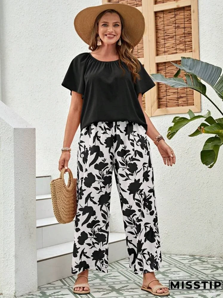 Plus Size Round Neck Pleated Solid Color Summer Top And Printed Pants 2pcs/Set