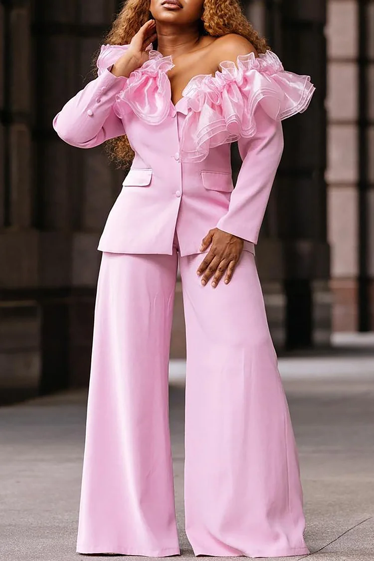 Plus Size Pink Business Casual Satin One Shoulder Overlay Ruffle Straight Leg Two Piece Blazer Pant Sets [Pre-Order]