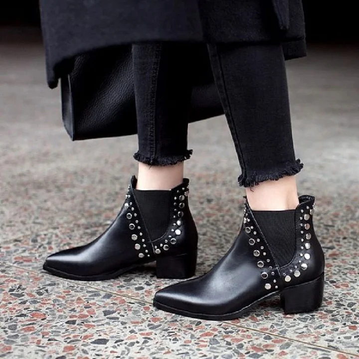 Classic Black Chelsea Boots Studs Flat Ankle Boots |FSJ Shoes