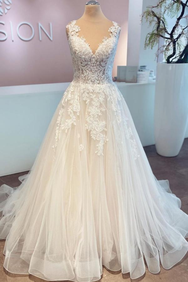 Miabel Classy Long V-neck Tulle A-line Wedding Dress With Lace