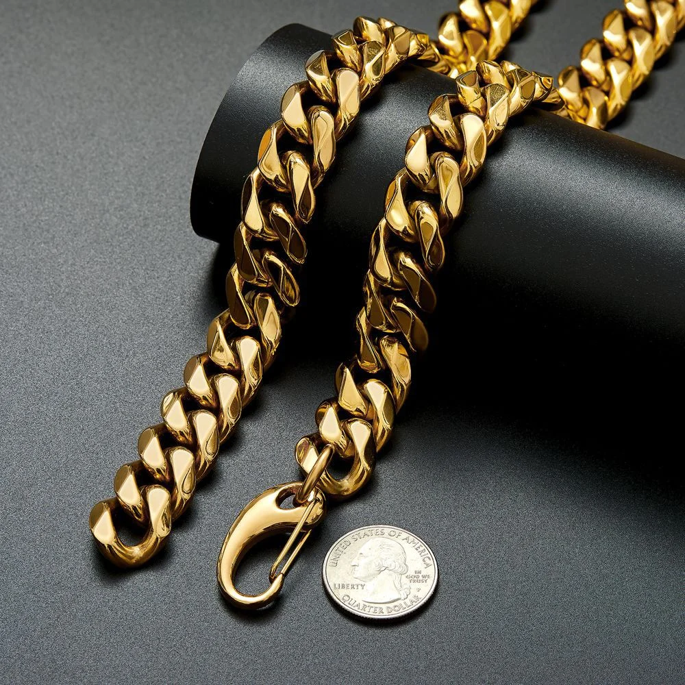 Gold Tone Titanium Stainless Steel Hip Hop Miami Chain Curb Cuban Link Rapper Necklace With Tail 15mm Size