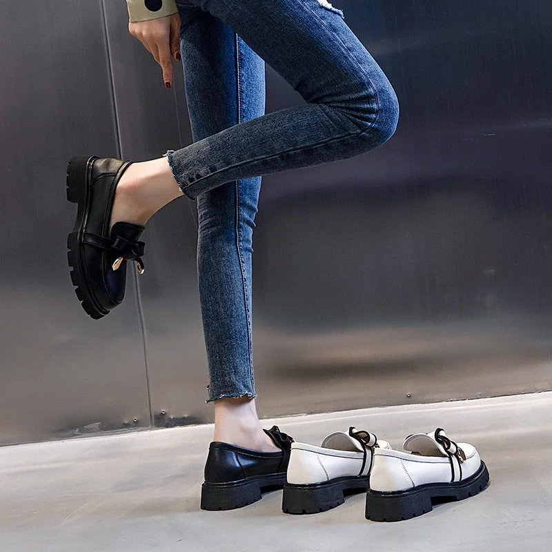 Genuine Leather Platform Shoes Women's Loafers Heel Woman Pumps Shoes for Women 2022 Spring Bow Knot Designer Black Heels Girls