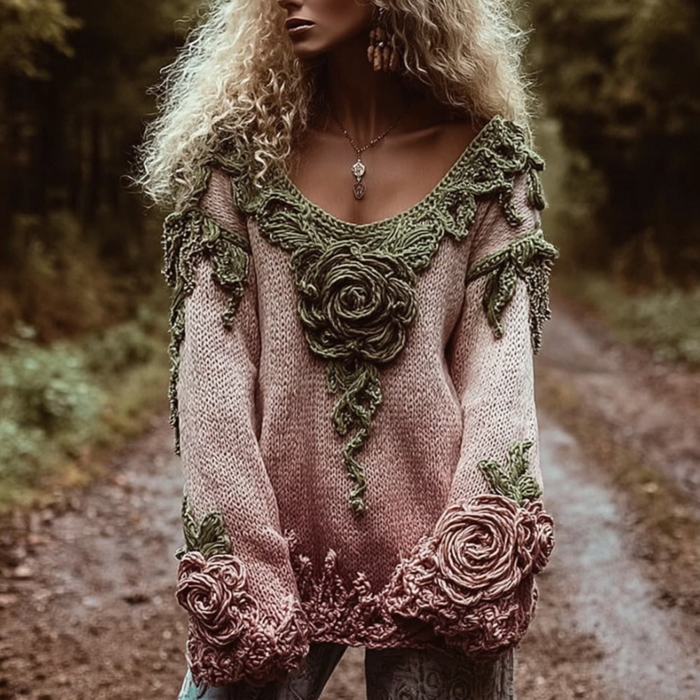 Women's Vintage Rose Embroidery Gradient V-neck Sweater