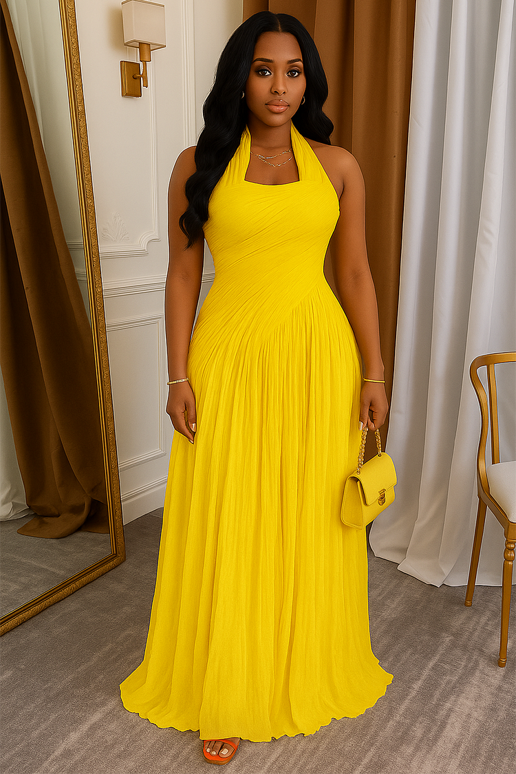 Halter Square Neck Wrinkle Solid Party Maxi Dresses-Orange [Pre Order]