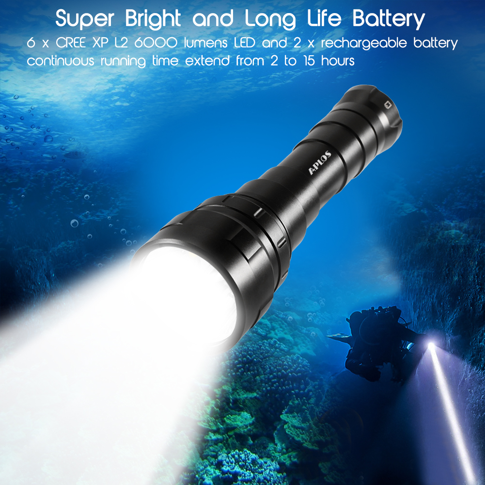 APLOS AP60 6000lm Diving Flashlight 6 XP-L2 6000 Lumen Scuba Dive Light ...