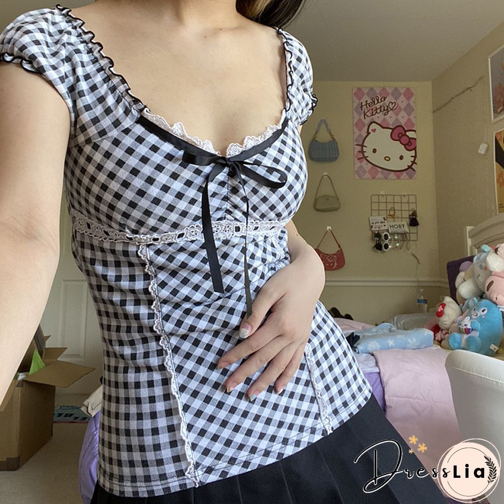 Kawaii Plaid T-Shirts Lace Crop Top Short Sleeve Slim Tees Y2k Fairycore Grunge Harajuku Tshirt Women Summer Clothes
