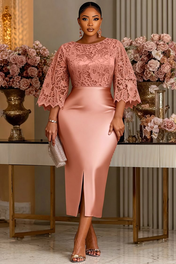 Xpluswear Design Plus Size Wedding Guest Rose Gold Round Neck Flare 3/4 Sleeve Split Elegant Bodycon Satin Midi Dresses [Pre-Order]