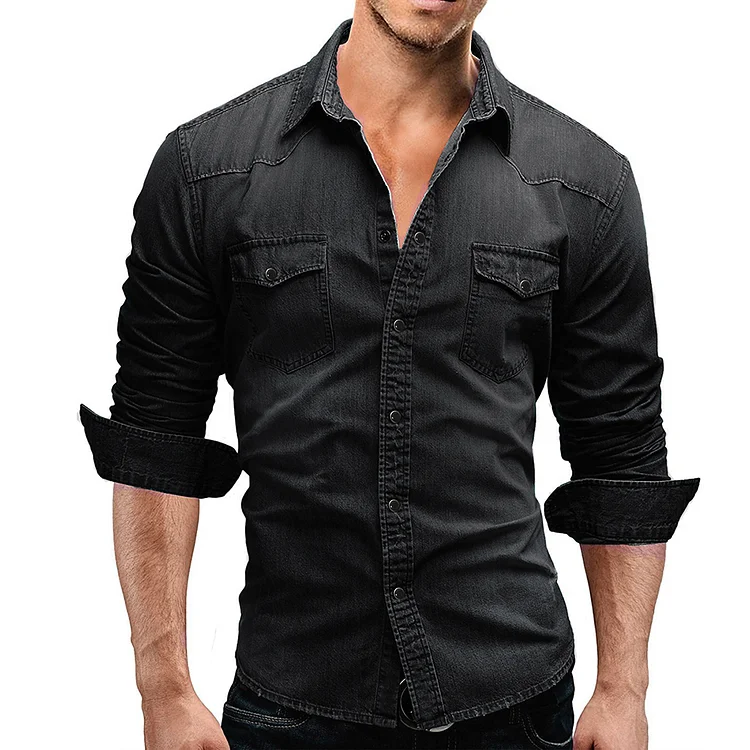 Men's simple casual loose fitting long sleeved denim shirt