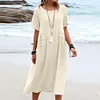 Gioiacombo&trade; Nuovo abito midi casual da donna a maniche corte in cotone e lino