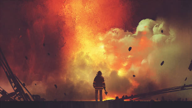 brave firefighter facing the explosion brave firefighter with axe standing in front of frightening explosion, digital art style, illustration painting American Firefighter stock illustrations