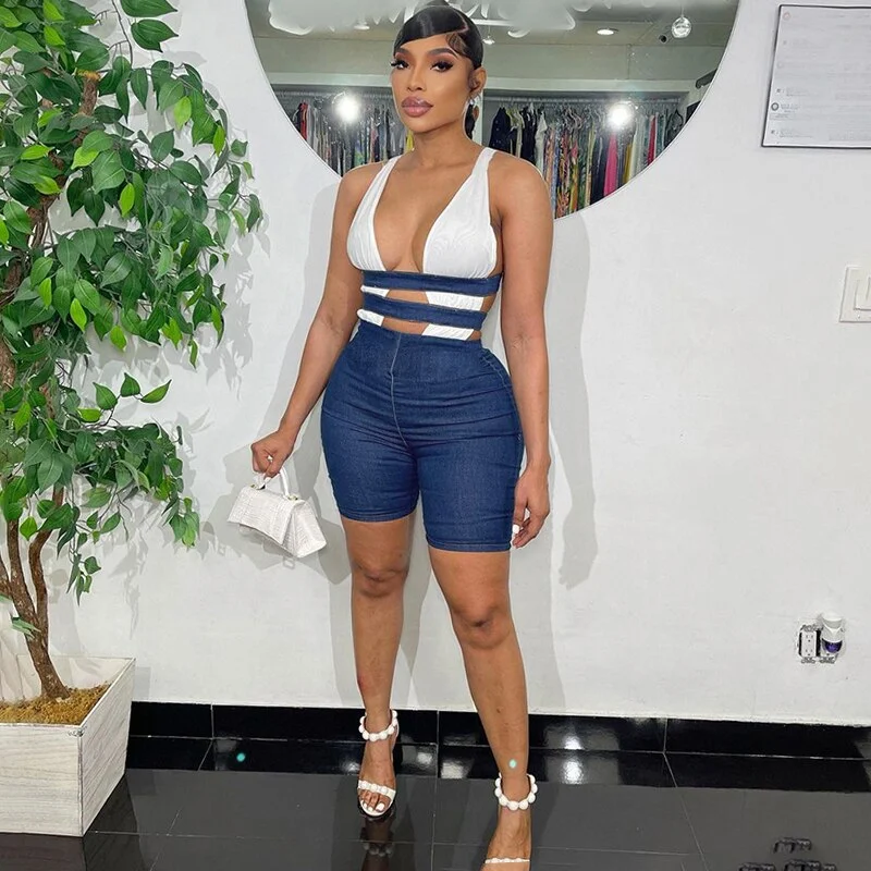 BIIKPIIK Contrast Women Elegant Playsuits Sleeveless Low Neck Cleavage Sexy One Piece Streetwear Skinny Rompers Casual Overalls