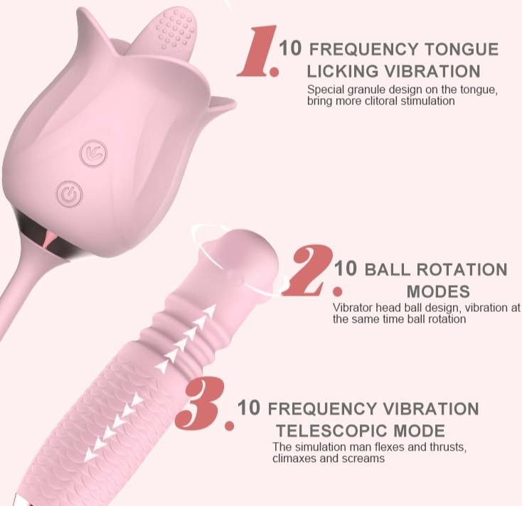 3-in-1 Blooming Rose Toy Rotating Pearls Telescopic Tongue-licking Vibrator