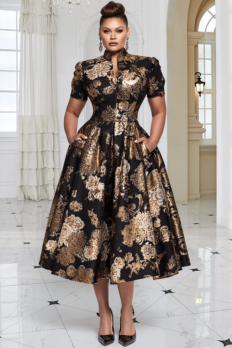 Xpluswear Design Plus Size Formal Black All Over Print Stand-Up Collar Short Sleeve Pocket Elegant Satin Midi Dresses 2024 - Xpluswear