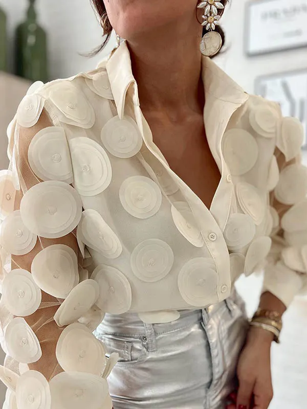 Polka Dot Split-neck Blouse With Puff Sleeves