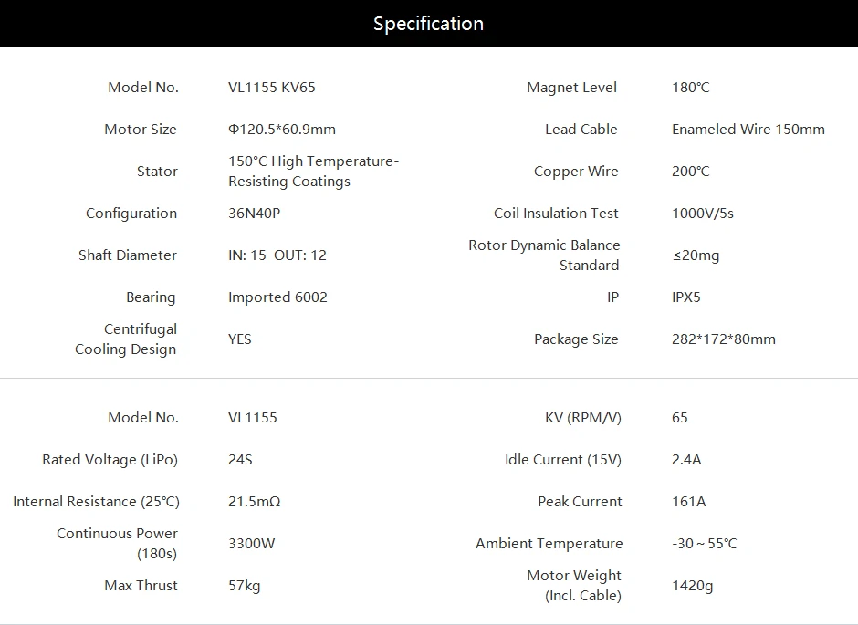 T-MOTOR VL1155 KV65 drone motor specification
