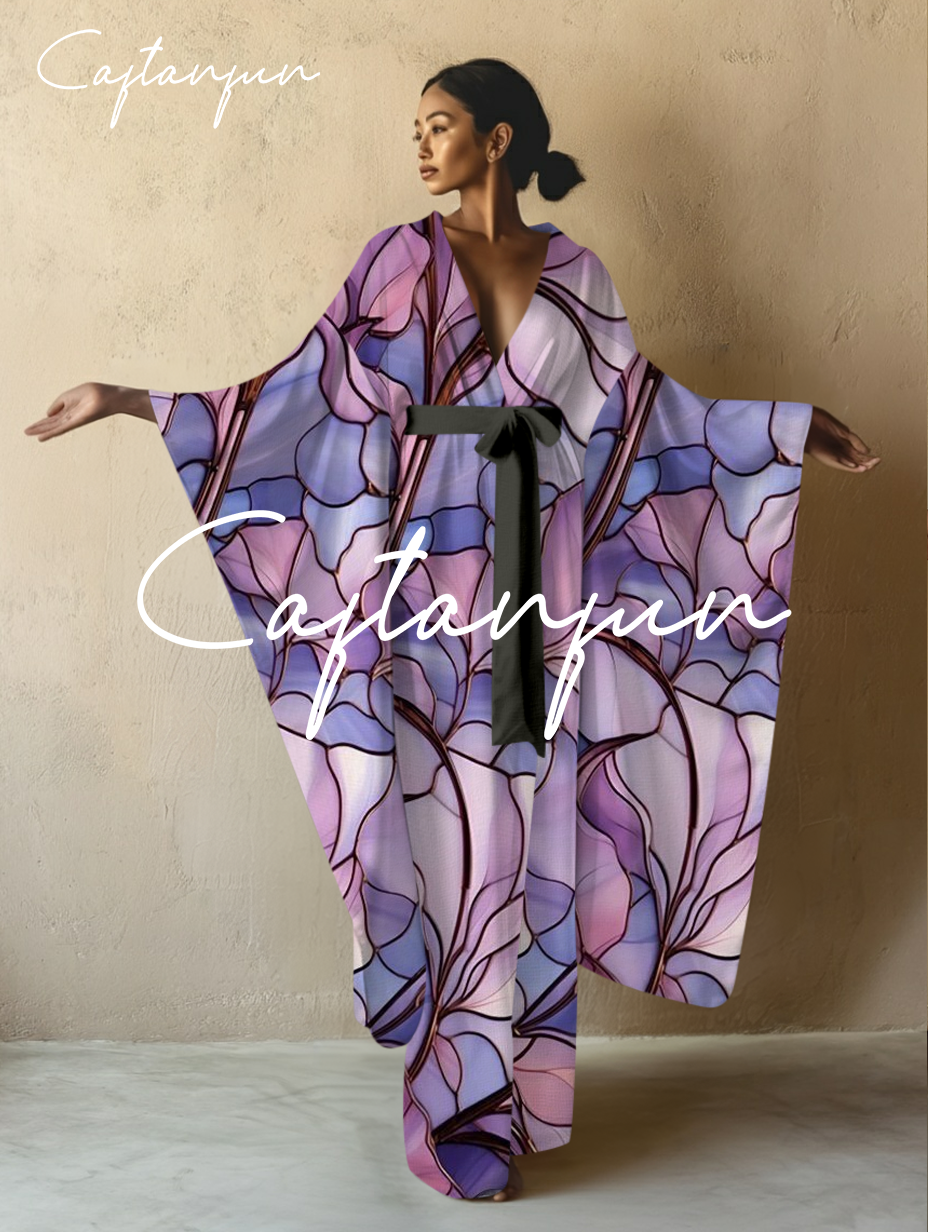 Glass Flower Art Kimono Long Gown Robe With Belt