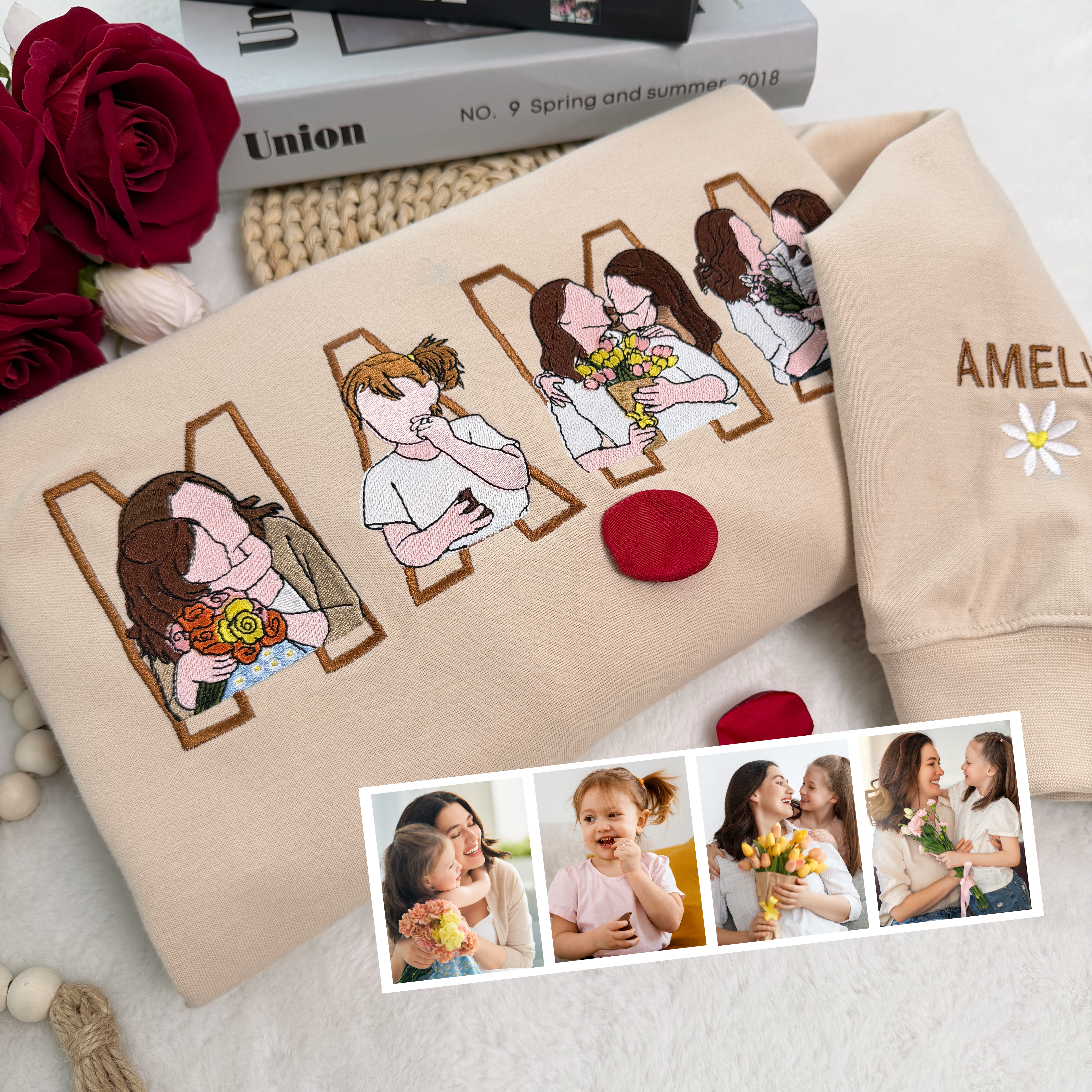 Custom Photo Portrait Embroidery Sweatshirt/Hoodie, Gift For Dad/Mama/Family