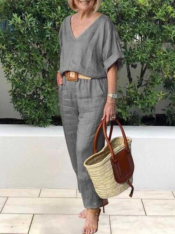 Spring Summer Cotton Linen Set Women's Tracksuit V-neck Top Drawstring Casual Long Pants Set Female Trendy Fashion Ladies Suit 
