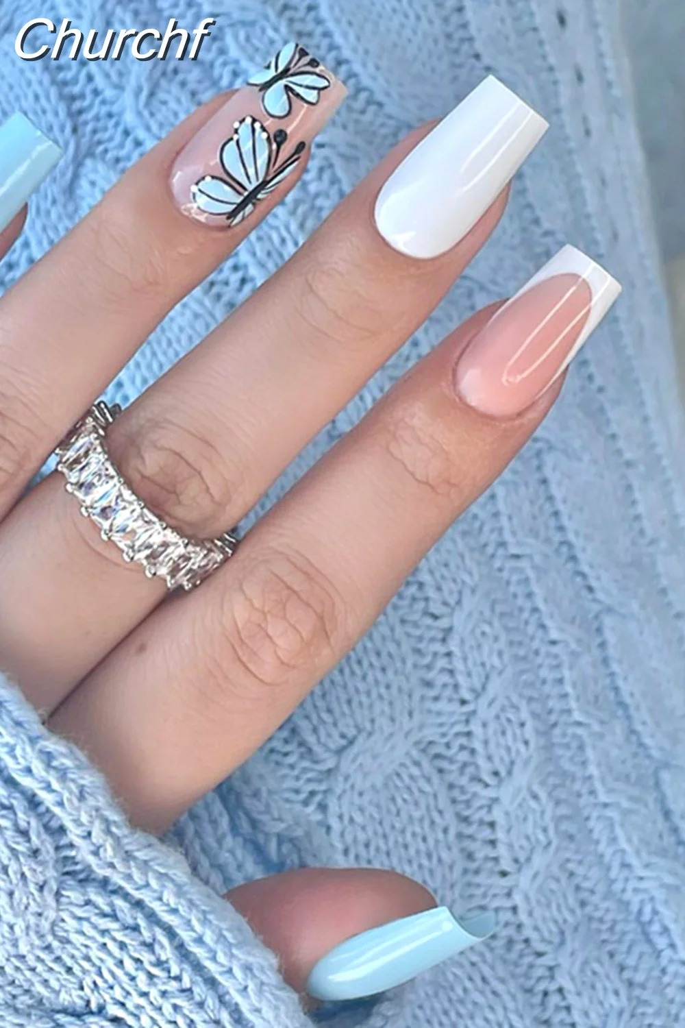 Churchf French White Black Short False Nails with Rhinestone Design Fake Nails Press on Nails Acrylic Full Cover Nail Art Tips-Nail Inspo