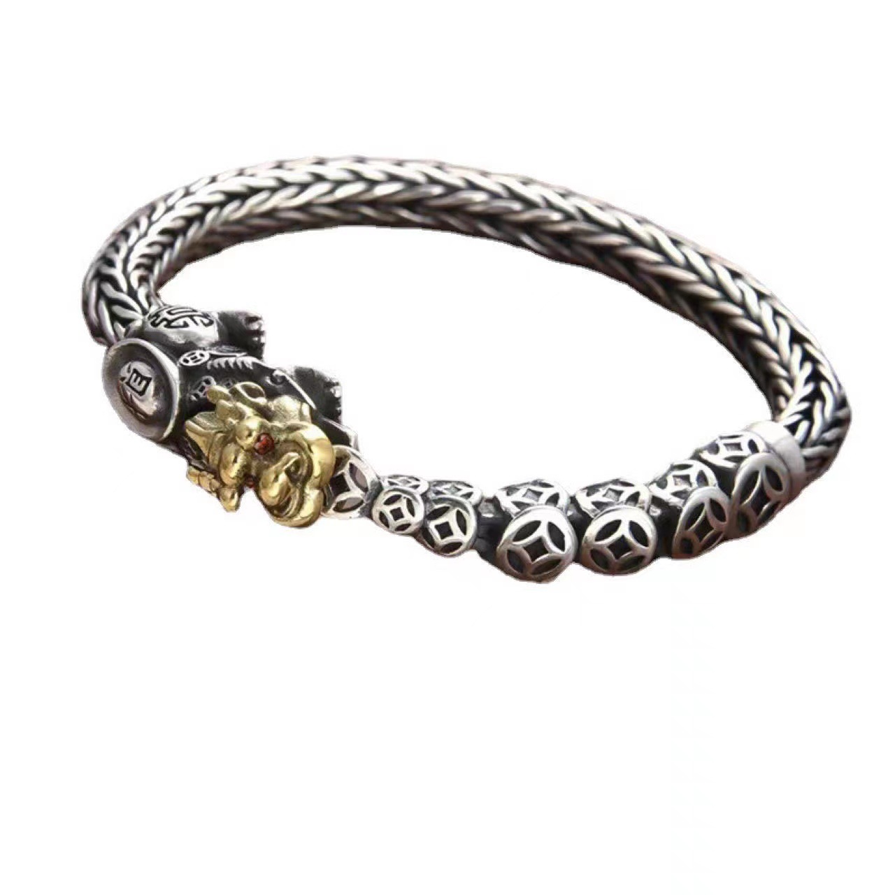 925 Silver Pure Handmade Pixiu Knitting Trendy Male Retro Ethnic Style Bracelet