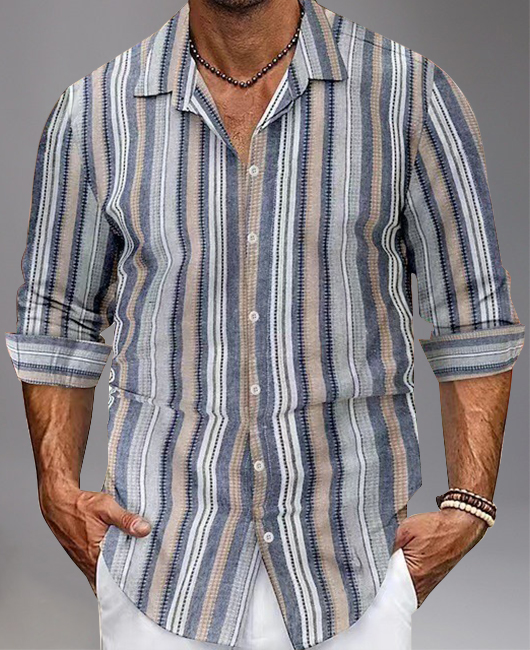 Casual Contrast Stripes Print Single Breasted Linen Shirt