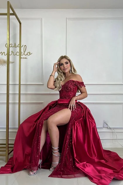 Ovlias Charming Purple Off-the-shoulder Sequin Prom Dresses with High Slit CL0032