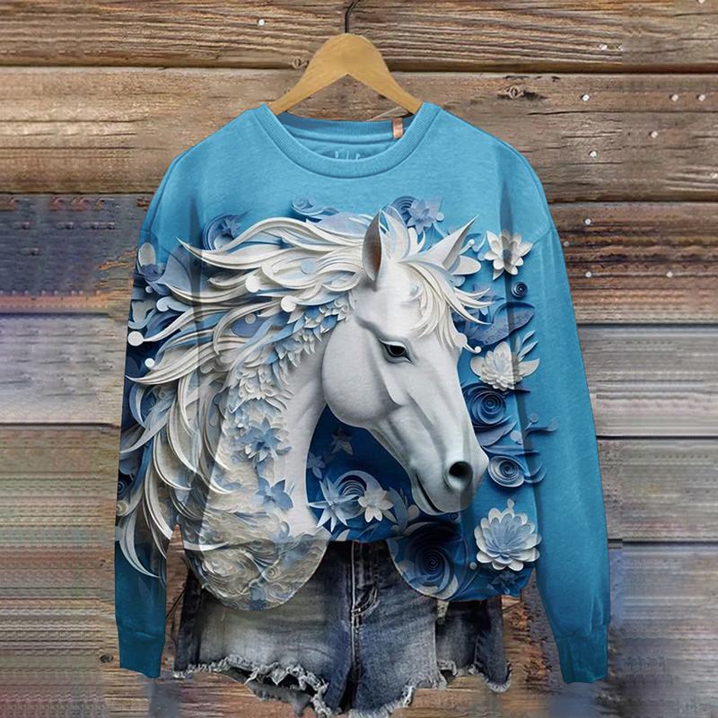  Art Horse Print Crew Neck Sweatshirt Westsshops