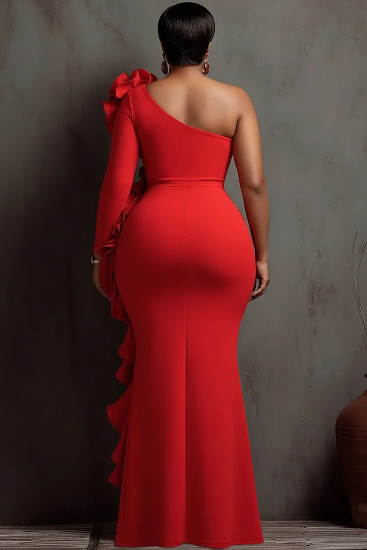 Xpluswear Design Plus Size Formal Red Oblique Collar One Shoulder Long Sleeve 3D Ruffle Maxi Dresses [Pre-Order]