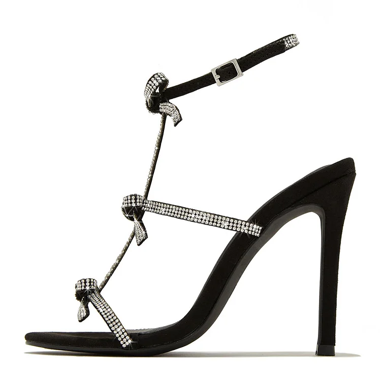 Elegant Rhinestone Bow T Strap Heels Open Toe Black Sandals for Women |FSJ Shoes