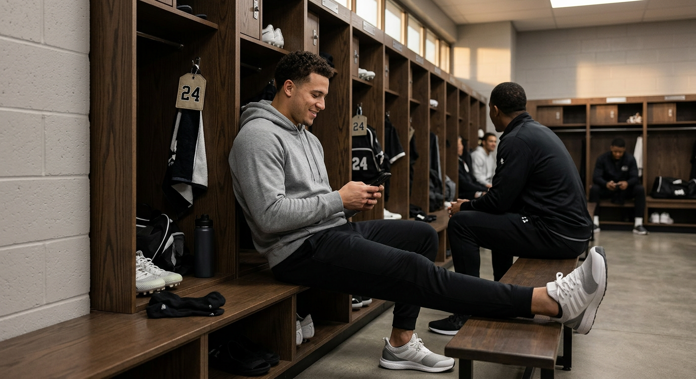 Professional baseball player relaxing in locker room representing athlete lifestyle and product choices